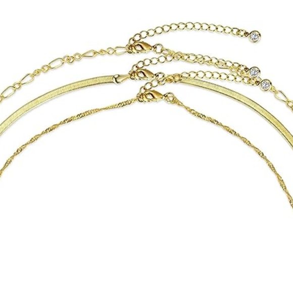 14k Gold Herringbone Necklace Set Layered Chain Choker Delicate Dainty Jewelry - Picture 7 of 7